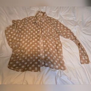 Polka Dot Tan & White Button-up Long Sleeve Blouse